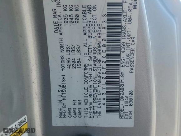 2012 Mitsubishi Eclipse GS Sport with VIN 4A37L2EF2CE001833, listed as a Copart auction lot 74472664 with 105,582 mi miles and Clean Title. Bid and sale history available at carsss.com. Image 13.