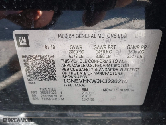 2019 Chevrolet Traverse LT Leather with VIN 1GNEVHKW3KJ230210, listed as a IAAI auction lot 41453033 with 98,416 mi miles. Bid and sale history available at carsss.com. Image 9.