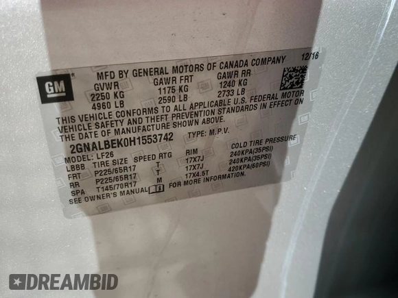 2017 Chevrolet Equinox LS with VIN 2GNALBEK0H1553742, listed as a Copart auction lot 54443965 with 133,884 mi miles and Salvage Title. Bid and sale history available at DreamBid. Image 14.