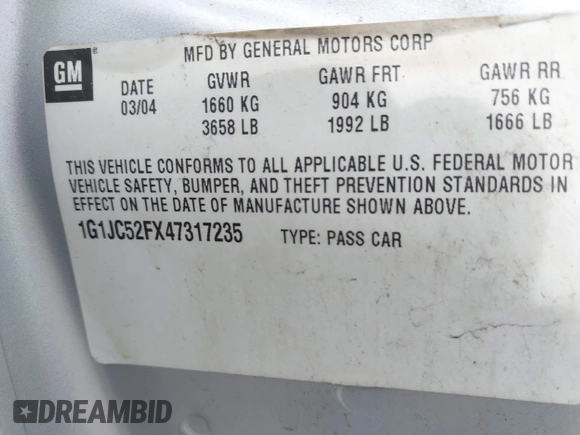 2004 Chevrolet Cavalier with VIN 1G1JC52FX47317235, listed as a IAAI auction lot 42160970 with 57,506 mi miles and . Bid and sale history available at DreamBid. Image 9.