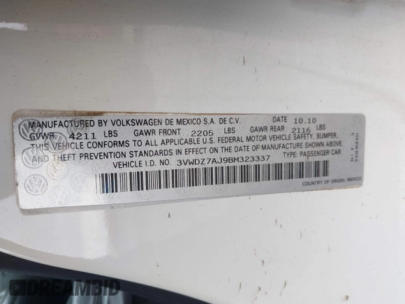 2011 Volkswagen Jetta SE with VIN 3VWDZ7AJ9BM323337, listed as a IAAI auction lot 42439854 with 167,275 mi miles and . Bid and sale history available at DreamBid. Image 9.