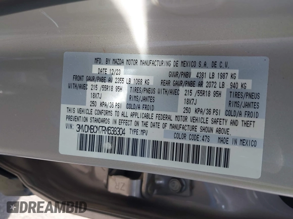 2024 Mazda CX-30 S Preferred with VIN 3MVDMBCM7RM638304, listed as a IAAI auction lot 41396590 with 15,702 mi miles and . Bid and sale history available at DreamBid. Image 9.