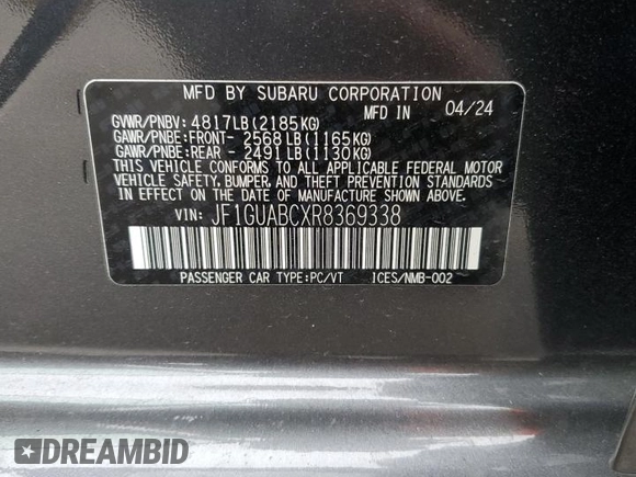 2024 Subaru Impreza with VIN JF1GUABCXR8369338, listed as a Copart auction lot 73175644 with 2,306 mi miles and Salvage Title. Bid and sale history available at carsss.com. Image 13.