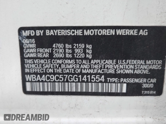 2016 BMW 4 Series 428i xDrive with VIN WBA4C9C57GG141554, listed as a IAAI auction lot 41988753 with Not Provided miles. Bid and sale history available at carsss.com. Image 9.