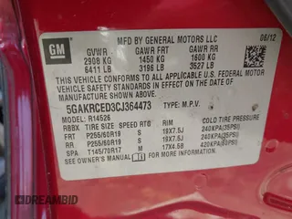 2012 Buick Enclave Leather with VIN 5GAKRCED3CJ364473, listed as a IAAI auction lot 41912564 with 159,090 mi miles and . Bid and sale history available at carsss.com. Image 9.
