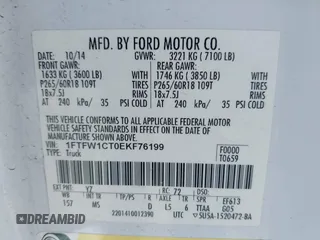 2014 Ford F-150 XL with VIN 1FTFW1CT0EKF76199, listed as a IAAI auction lot 42408498 with 103,695 mi miles and . Bid and sale history available at DreamBid. Image 9.