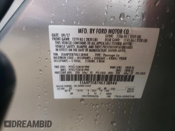 2017 Ford Taurus SEL with VIN 1FAHP2E87HG138944, listed as a Copart auction lot 48801685 with 105,833 mi miles and Salvage title. Bid and sale history available at DreamBid. Image 12.
