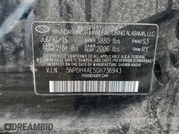 2016 Hyundai Elantra SE with VIN 5NPDH4AE5GH736943, listed as a Copart auction lot 54505995 with 112,357 mi miles and Salvage title. Bid and sale history available at DreamBid. Image 12.
