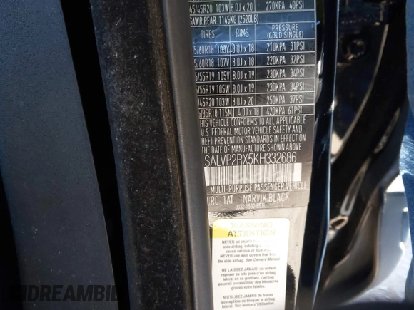 2019 Land Rover Range Rover Evoque SE with VIN SALVP2RX5KH332686, listed as a IAAI auction lot 40851282 with 48,578 mi miles. Bid and sale history available at carsss.com. Image 9.