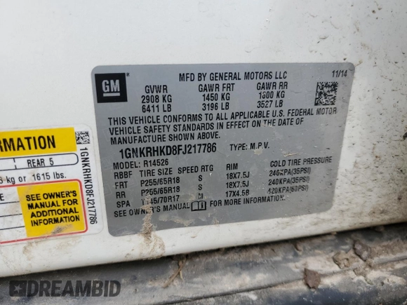 2015 Chevrolet Traverse LT z VIN 1GNKRHKD8FJ217786, wystawiony jako Copart lot #41459254 z przebiegiem Nie podano mil oraz Szkoda całkowita • Salvage title. Historia ofert i sprzedaży dostępna na DreamBid. Obrazek 13.