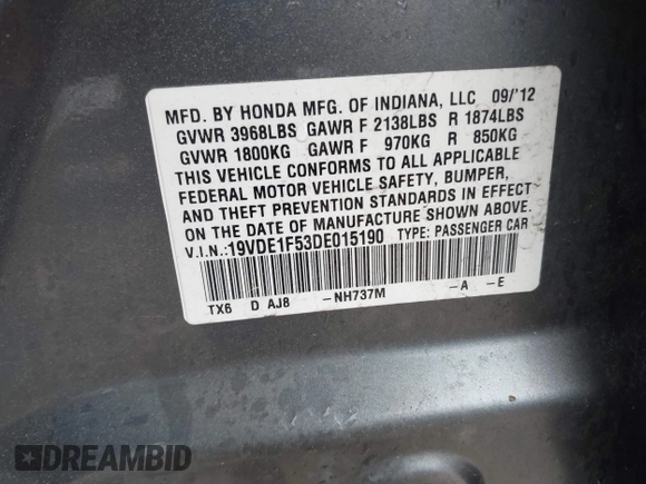 2013 Acura ILX Premium Pkg with VIN 19VDE1F53DE015190, listed as a IAAI auction lot 41905084 with 161,235 mi miles. Bid and sale history available at carsss.com. Image 9.