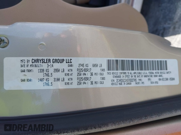 2014 Dodge Grand Caravan SXT with VIN 2C4RDGCGXER322705, listed as a IAAI auction lot 42170301 with 147,070 mi miles and . Bid and sale history available at DreamBid. Image 9.