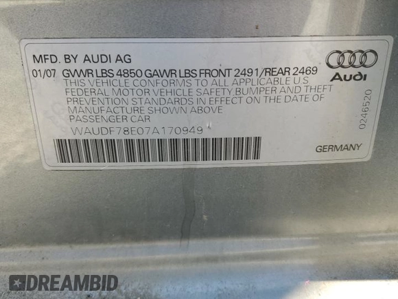 2007 Audi A4 2.0T with VIN WAUDF78E07A170949, listed as a Copart auction lot 63850645 with 176,621 mi miles and Salvage title. Bid and sale history available at DreamBid. Image 12.