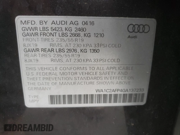 2016 Audi Q5 Premium with VIN WA1C2AFP4GA137233, listed as a Copart auction lot 50878535 with 120,200 mi miles and Salvage Title. Bid and sale history available at carsss.com. Image 16.