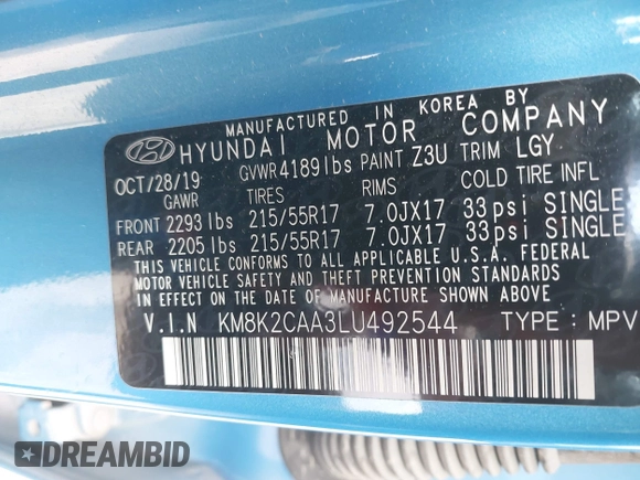 2020 Hyundai Kona SEL with VIN KM8K2CAA3LU492544, listed as a IAAI auction lot 41887870 with 48,210 mi miles and . Bid and sale history available at DreamBid. Image 9.