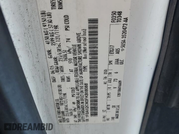 2015 Ford Transit XL с VIN 1FBAX2CM3FKB08088, выставлен на аукционе Copart как лот 49695075 с пробегом 320 077 миль миль и Списание • Salvage title. История ставок и продаж доступна на DreamBid. Изображение 13.