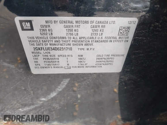 2013 GMC Terrain SLT with VIN 2GKFLUE34D6231710, listed as a IAAI auction lot 41911468 with Not Provided miles and . Bid and sale history available at carsss.com. Image 9.
