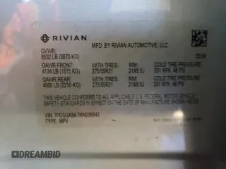 2024 Rivian R1S Adventure with VIN 7PDSGABA7RN036843, listed as a Copart auction lot 88799175 with Not Provided miles and Salvage Title. Bid and sale history available at carsss.com. Image 13.