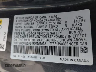 2024 Honda Civic Sport with VIN 2HGFE2F51RH553972, listed as a IAAI auction lot 41630597 with 10,706 mi miles and . Bid and sale history available at DreamBid. Image 9.