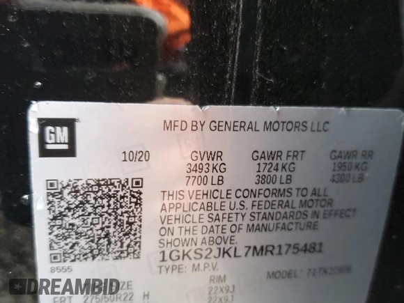 2021 GMC Yukon XL Denali with VIN 1GKS2JKL7MR175481, listed as a Copart auction lot 83849774 with 0 mi miles and Salvage Title. Bid and sale history available at carsss.com. Image 14.