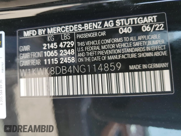 2022 Mercedes-Benz C 300 with VIN W1KWK8DB4NG114859, listed as a Copart auction lot 49192623 with Not Provided miles and . Bid and sale history available at DreamBid. Image 12.