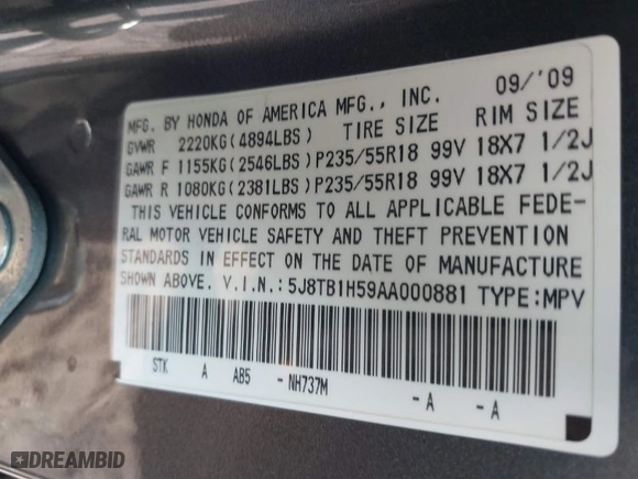 2010 Acura RDX Tech Pkg with VIN 5J8TB1H59AA000881, listed as a IAAI auction lot 40226047 with 236,899 mi miles. Bid and sale history available at carsss.com. Image 9.