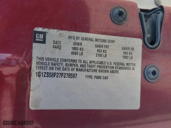 2007 Chevrolet Malibu LS w/1FL with VIN 1G1ZS58F27F278597, listed as a Copart auction lot 53164535 with 114,156 mi miles and Salvage Title. Bid and sale history available at carsss.com. Image 12.