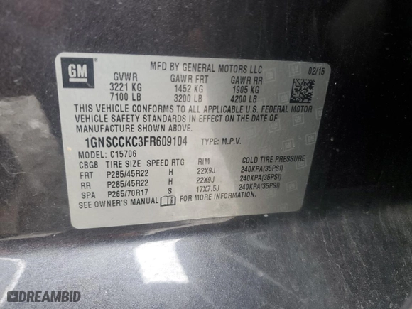 2015 Chevrolet Tahoe LTZ with VIN 1GNSCCKC3FR609104, listed as a Copart auction lot 42338025 with 193,676 mi miles and Salvage Title. Bid and sale history available at carsss.com. Image 15.