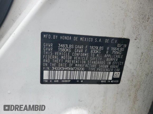 2019 Honda Fit LX z VIN 3HGGK5H45KM729206, wystawiony jako Copart lot #63017385 z przebiegiem 47 354 mil mil oraz Szkoda całkowita • Salvage title. Historia ofert i sprzedaży dostępna na DreamBid. Obrazek 12.