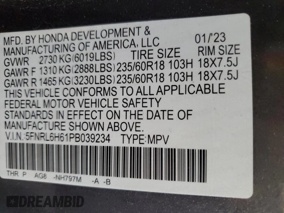 2023 Honda Odyssey EX-L with VIN 5FNRL6H61PB039234, listed as a Copart auction lot 46850505 with 45,731 mi miles and Non Repairable. Bid and sale history available at carsss.com. Image 14.