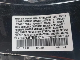 2016 Honda Civic Sedan EX-L with VIN 19XFC1F73GE215112, listed as a IAAI auction lot 42093218 with 67,233 mi miles. Bid and sale history available at carsss.com. Image 9.