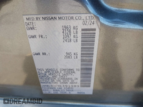 2024 Nissan Altima SR z VIN 1N4BL4CV7RN391989, wystawiony jako IAAI lot #42373504 z przebiegiem 34 653 mil mil oraz . Historia ofert i sprzedaży dostępna na DreamBid. Obrazek 9.