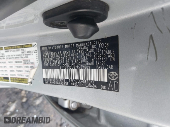 2007 Toyota Corolla CE with VIN 2T1BR32E87C761609, listed as a IAAI auction lot 41500299 with Not Provided miles and . Bid and sale history available at DreamBid. Image 9.