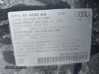 2022 Audi Q5 Sportback S line Premium Plus with VIN WA15AAFY9N2102196, listed as a IAAI auction lot 41458111 with 57,633 mi miles and . Bid and sale history available at DreamBid. Image 9.