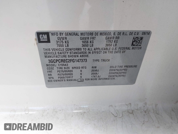 2015 Chevrolet Silverado 1500 LT with VIN 3GCPCREC2FG147373, listed as a IAAI auction lot 40613376 with 102,521 mi miles and . Bid and sale history available at DreamBid. Image 9.
