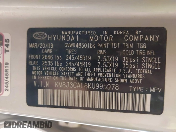2019 Hyundai Tucson Ultimate with VIN KM8J3CAL8KU995978, listed as a IAAI auction lot 41105208 with 108,268 mi miles. Bid and sale history available at carsss.com. Image 9.