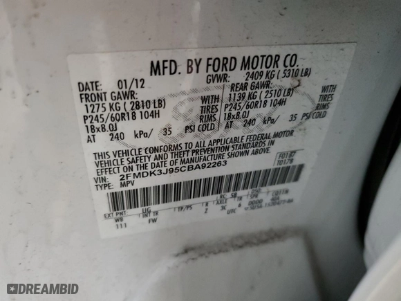 2012 Ford Edge SEL with VIN 2FMDK3J95CBA92263, listed as a Copart auction lot 48220795 with 162,785 mi miles and Clean Title. Bid and sale history available at carsss.com. Image 13.