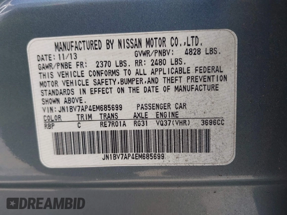 2014 Infiniti Q50 with VIN JN1BV7AP4EM685699, listed as a IAAI auction lot 41765788 with 117,127 mi miles. Bid and sale history available at carsss.com. Image 9.