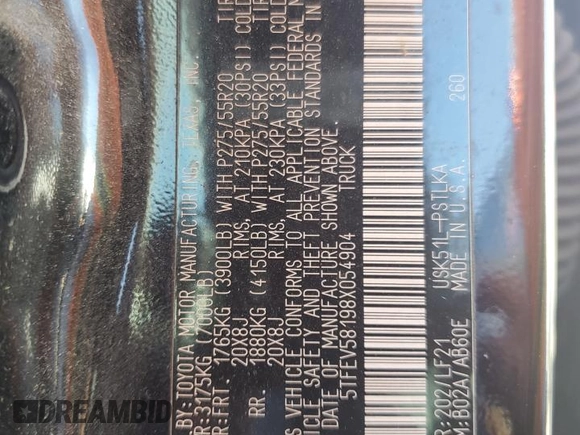 2008 Toyota Tundra Limited z VIN 5TFEV58198X054904, wystawiony jako Copart lot #56253745 z przebiegiem 248 321 mil mil oraz Szkoda całkowita • Salvage title. Historia ofert i sprzedaży dostępna na DreamBid. Obrazek 12.