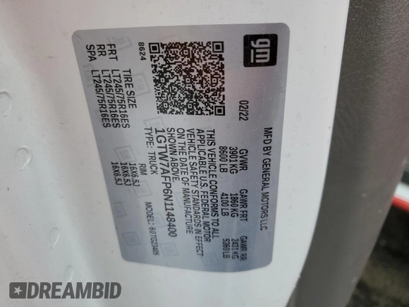 2022 GMC Savana Cargo z VIN 1GTW7AFP6N1148400, wystawiony jako Copart lot #55868185 z przebiegiem 27 226 mil mil oraz Szkoda całkowita • Salvage title. Historia ofert i sprzedaży dostępna na DreamBid. Obrazek 13.