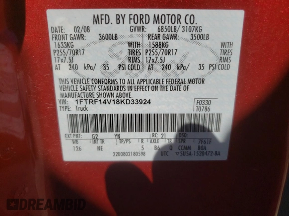 2008 Ford F-150 XL z VIN 1FTRF14V18KD33924, wystawiony jako Copart lot #58042515 z przebiegiem 37 274 mil mil oraz Szkoda całkowita • Salvage title. Historia ofert i sprzedaży dostępna na DreamBid. Obrazek 12.