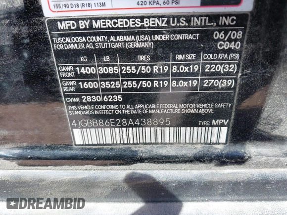 2008 Mercedes-Benz M 350 with VIN 4JGBB86E28A438895, listed as a IAAI auction lot 42181563 with 202,485 mi miles and . Bid and sale history available at DreamBid. Image 9.