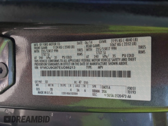 2014 Ford Escape SE with VIN 1FMCU9G97EUD86213, listed as a IAAI auction lot 40515507 with 129,711 mi miles and . Bid and sale history available at carsss.com. Image 9.
