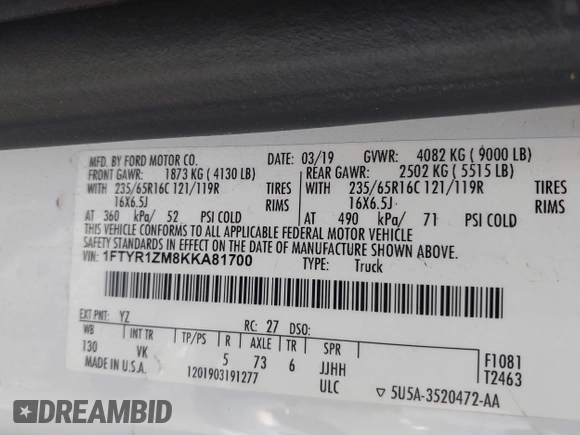 2019 Ford Transit with VIN 1FTYR1ZM8KKA81700, listed as a IAAI auction lot 42447123 with 124,053 mi miles and . Bid and sale history available at DreamBid. Image 9.