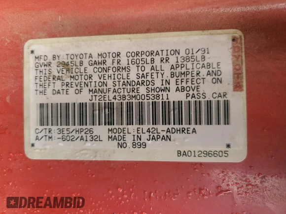 1991 Toyota Tercel z VIN JT2EL43B3M0053811, wystawiony jako Copart lot #49184455 z przebiegiem 105 982 mil mil oraz Szkoda całkowita • Salvage title. Historia ofert i sprzedaży dostępna na DreamBid. Obrazek 14.