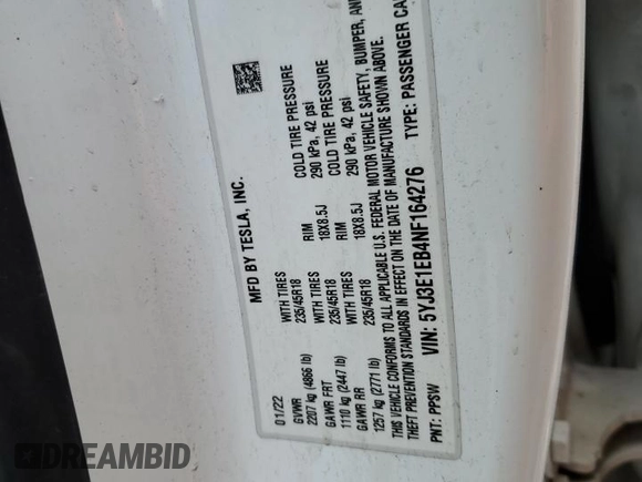 2022 Tesla Model 3 Long Range with VIN 5YJ3E1EB4NF164276, listed as a Copart auction lot 45802865 with 56,836 mi miles and Salvage Title. Bid and sale history available at DreamBid. Image 14.