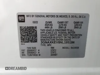2022 Chevrolet Equinox LT with VIN 3GNAXKEV8NL195184, listed as a Copart auction lot 43875245 with 49,322 mi miles and Salvage Title. Bid and sale history available at DreamBid. Image 14.