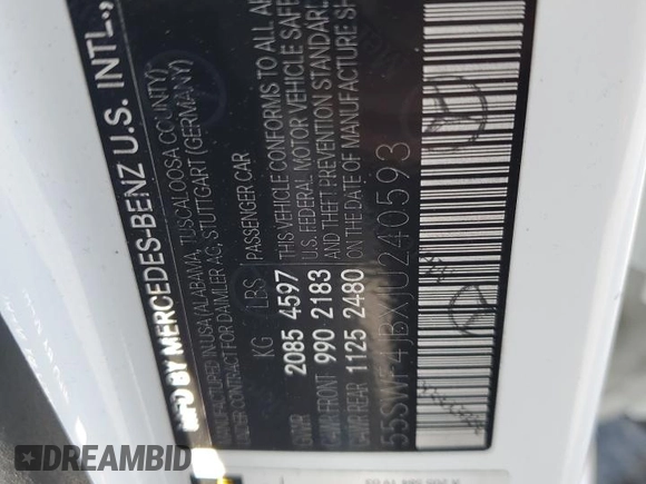 2018 Mercedes-Benz C 300 with VIN 55SWF4JBXJU240593, listed as a Copart auction lot 63388565 with 85,200 mi miles and Salvage title. Bid and sale history available at DreamBid. Image 12.
