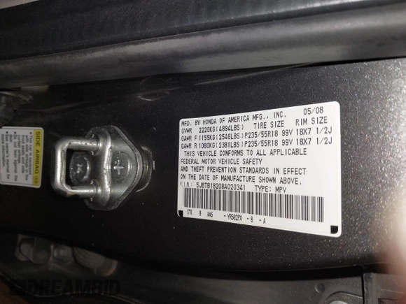 2008 Acura RDX with VIN 5J8TB18208A020341, listed as a IAAI auction lot 41525576 with 124,575 mi miles. Bid and sale history available at carsss.com. Image 9.