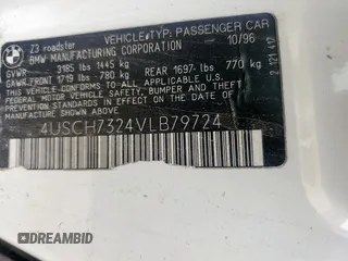 1997 BMW 3 Series Z3 1.9 z VIN 4USCH7324VLB79724, wystawiony jako Copart lot #59796475 z przebiegiem 141 737 mil mil oraz Szkoda całkowita • Salvage title. Historia ofert i sprzedaży dostępna na DreamBid. Obrazek 12.